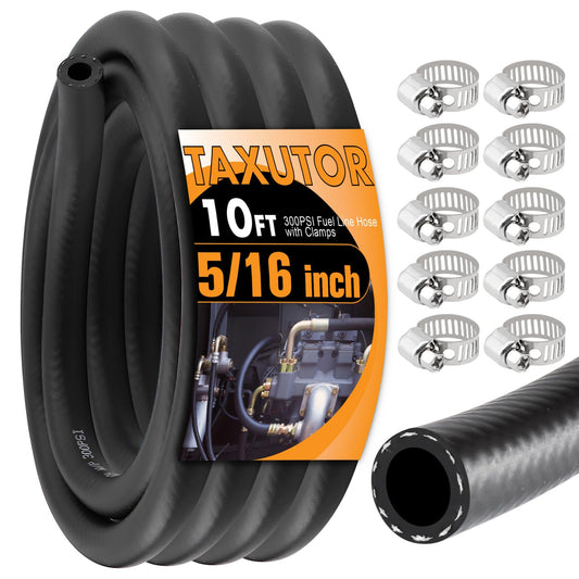 Taxutor 5/16 in NBR Rubber Fuel Line Hose, 10 FT, 10 PCS Clamps, Black, Automotive Fuel Hose