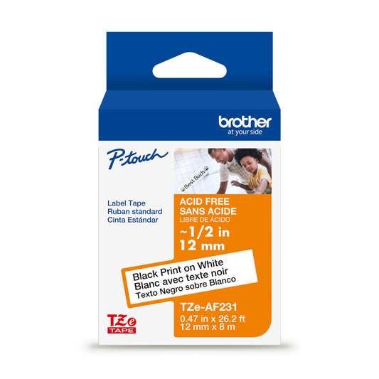 Brother Genuine Tze-AF231 Black on White Acid-Free Tape for TZe-Compatible P-Touch Label Makers, 12 mm w x 8 m l