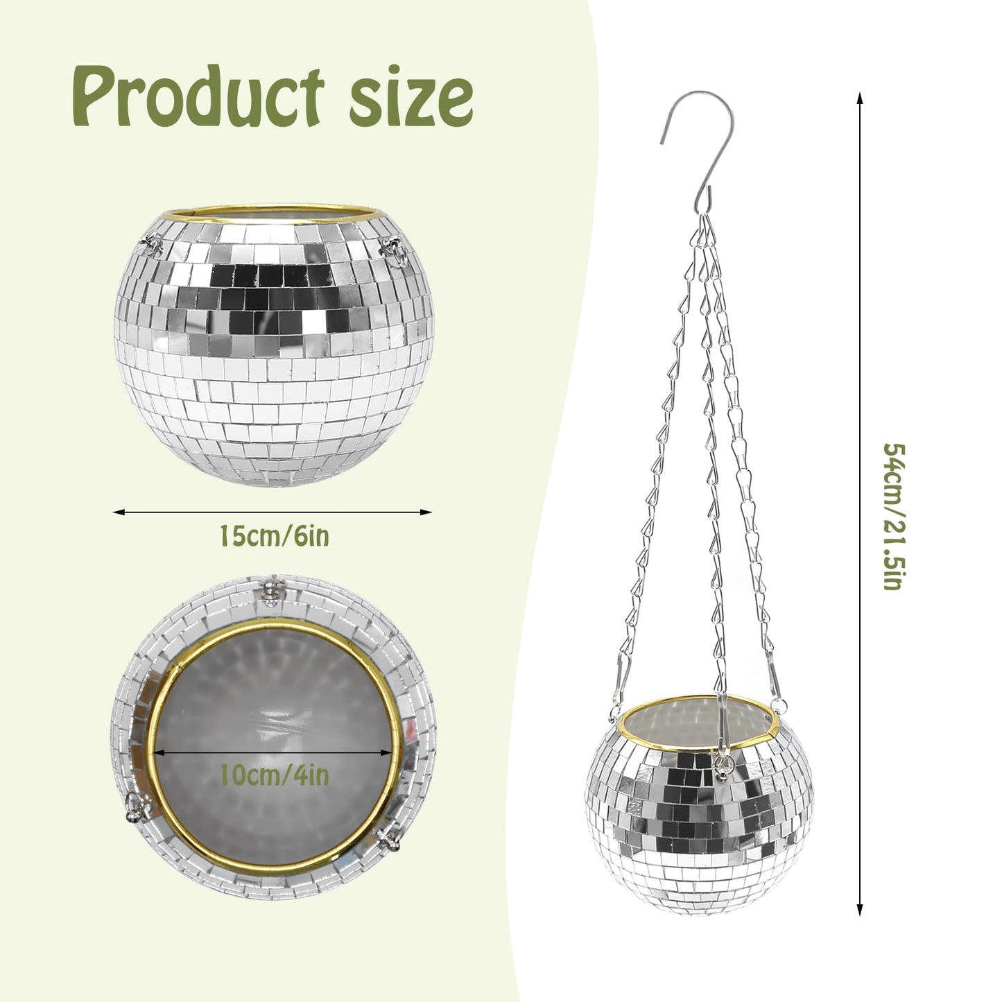 Anxingo Disco Ball Planter with Chain, 6" Hanging Disco Ball Planter with Chain Mirror Disco Plant Holder Plant Pot Hanging Flower Pot Gardening Pots for Indoor Outdoor Plants, 6 inch, Sliver
