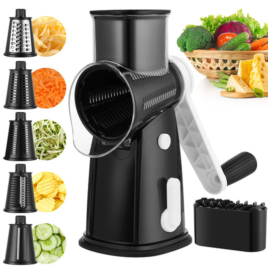 Vihoom Rotary Cheese Grater, 5 in 1 Interchangeable Blades Cheese Shredder, Mandoline Slicer for Kitchen with Cleaning Brush & Bonus Storage Box for Blades (Black)