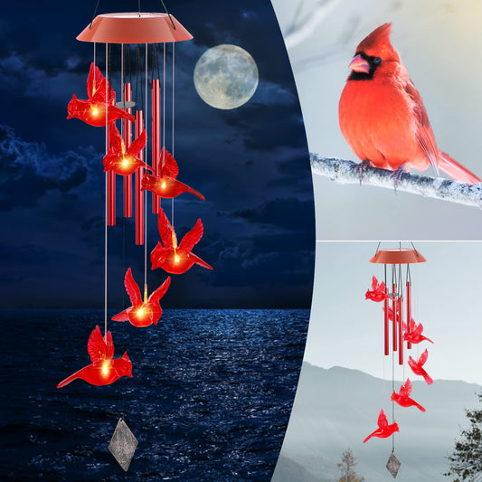 Cardinal Solar Wind Chimes,Red Bird Chimes for Outside Garden Decor, Garden Gifts Women Birthday/Thanksgiving/Christmas, for Mom Grandma