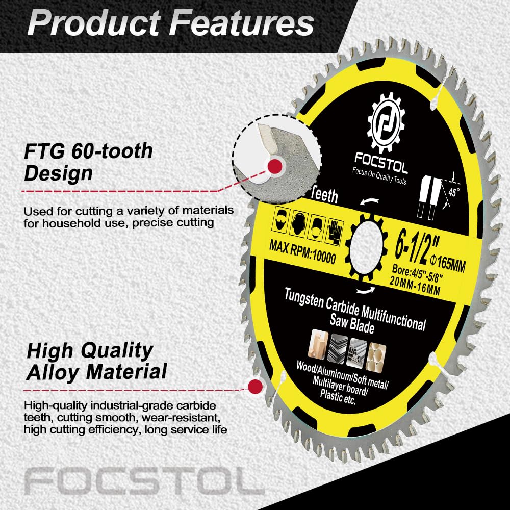 6-1/2 Inch Wood Cutting Circular Saw Blade - FOCSTOL 60 Tooth TCT Cutting Blade with 4/5 Inch Arbor for Wood Plastic Aluminum Copper