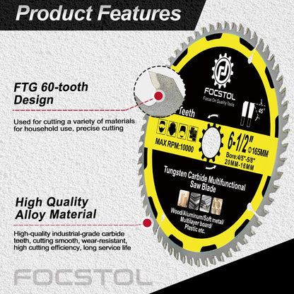 6-1/2 Inch Wood Cutting Circular Saw Blade - FOCSTOL 60 Tooth TCT Cutting Blade with 4/5 Inch Arbor for Wood Plastic Aluminum Copper