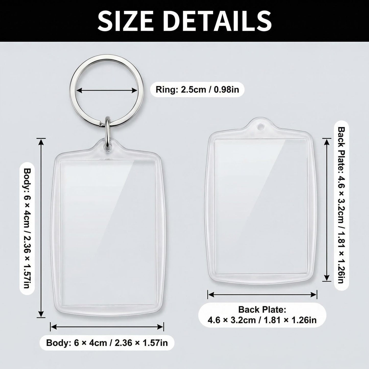 Clear Blank Acrylic Keyrings - Wallet Friendly Picture Frame Key Ring Keychaine For Passport and Photo Insert Pack of 50