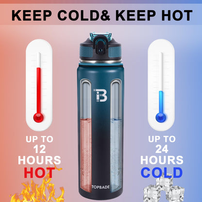 TOPBADE Insulated Water Bottle with 2 Lids(with Straw/No Straw), 24oz Stainless Steel Water Bottle,BPA-free and Leak-proof,Double Wall Vacuum Water Flask for School,Gifts for Boys and Girls