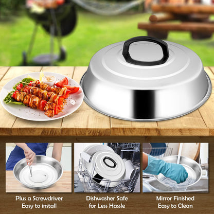 12 Inch Cheese Melting Dome Set of 2, Joyfair Basting Cover for Griddle Grilling Outdoor Camping/Flat Top Teppanyaki, Stainless Steel Lids with Heat-Proof Handle, Dishwasher Safe