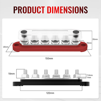 RVMARINEPAT 12V Bus Bar 250A Power Distribution Block, 12 Volt Busbars 6 x 5/16" (M8) Terminal Studs Positive & Negative for Car, Marine, Solar Systems