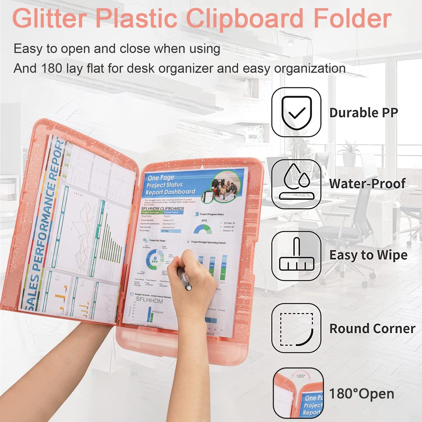 SFLHHDM Glitter Clipboard with Storage,A4 Clip Boards 8.5x11 with Pen Holder,Storage Clipboard with Low Profile Clip,Side Opening Sparkle Clipboards,Clipboards Folder for Office(Pale Pink)