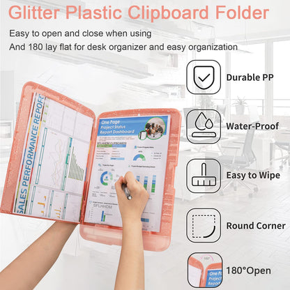SFLHHDM Glitter Clipboard with Storage,A4 Clip Boards 8.5x11 with Pen Holder,Storage Clipboard with Low Profile Clip,Side Opening Sparkle Clipboards,Clipboards Folder for Office(Pale Pink)