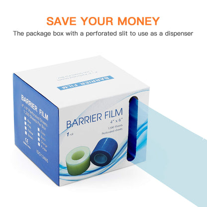 Annhua Dental Barrier Film Tattoo Plastic Wrap Blue with Dispenser Box, 4" x 6" Perforted Sheets Barrier Adhesive Tape Disposable - 1200 Sheets|1 Roll