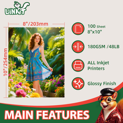 Uinkit Glossy Inkjet Photo Paper 8x10 Inches 100 Sheets 48lb Dye Ink 180Gsm Professional Photographic Paper Letter Size 8.5mil Instant Dry Suitable for All Dye Ink Printers (8x10Inches)