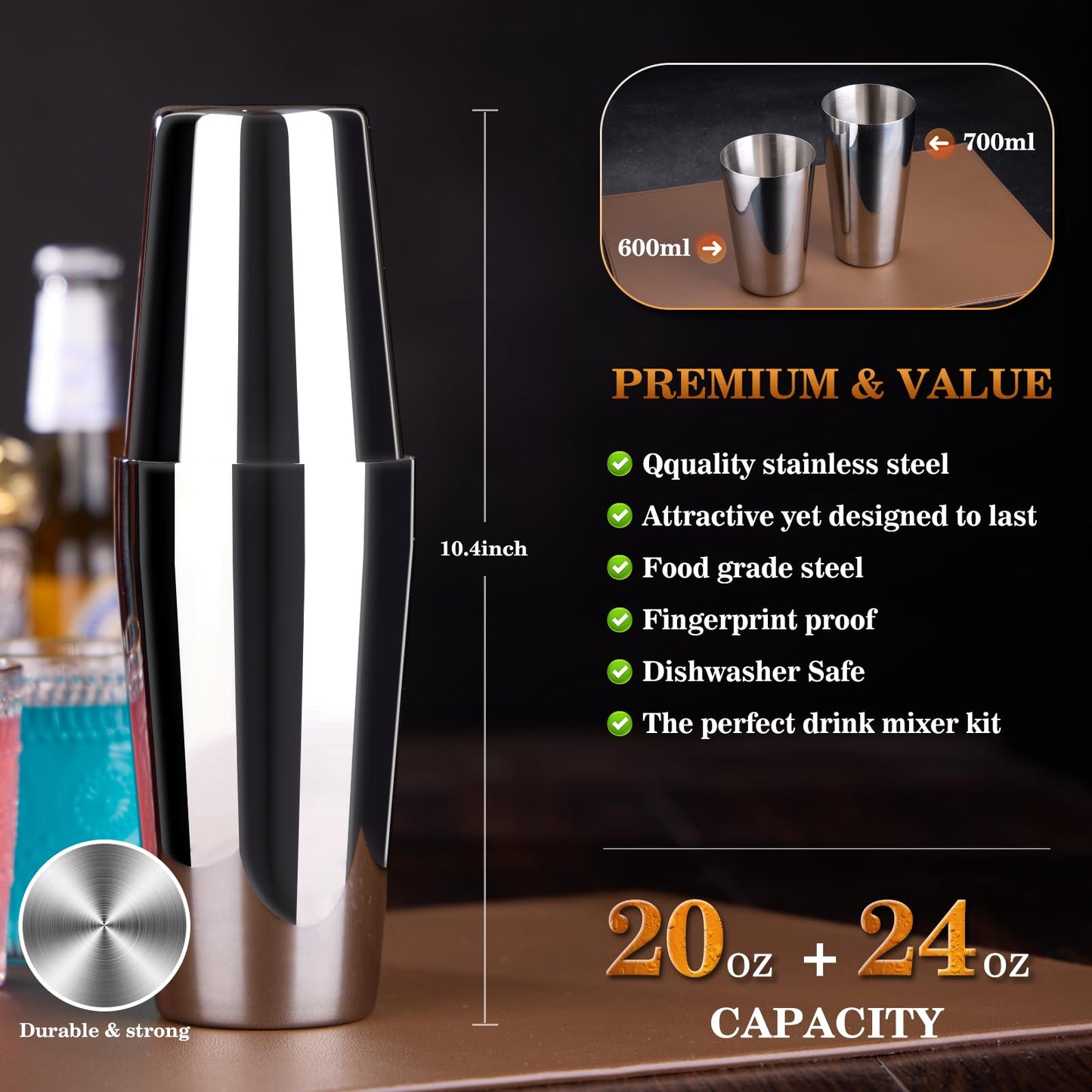 Wukuna 15-Piece Silver Bartender Kit: Premium Stainless Steel Bar Tool Set with Acrylic Stand & Recipe Book, for Home, Lounge & Party