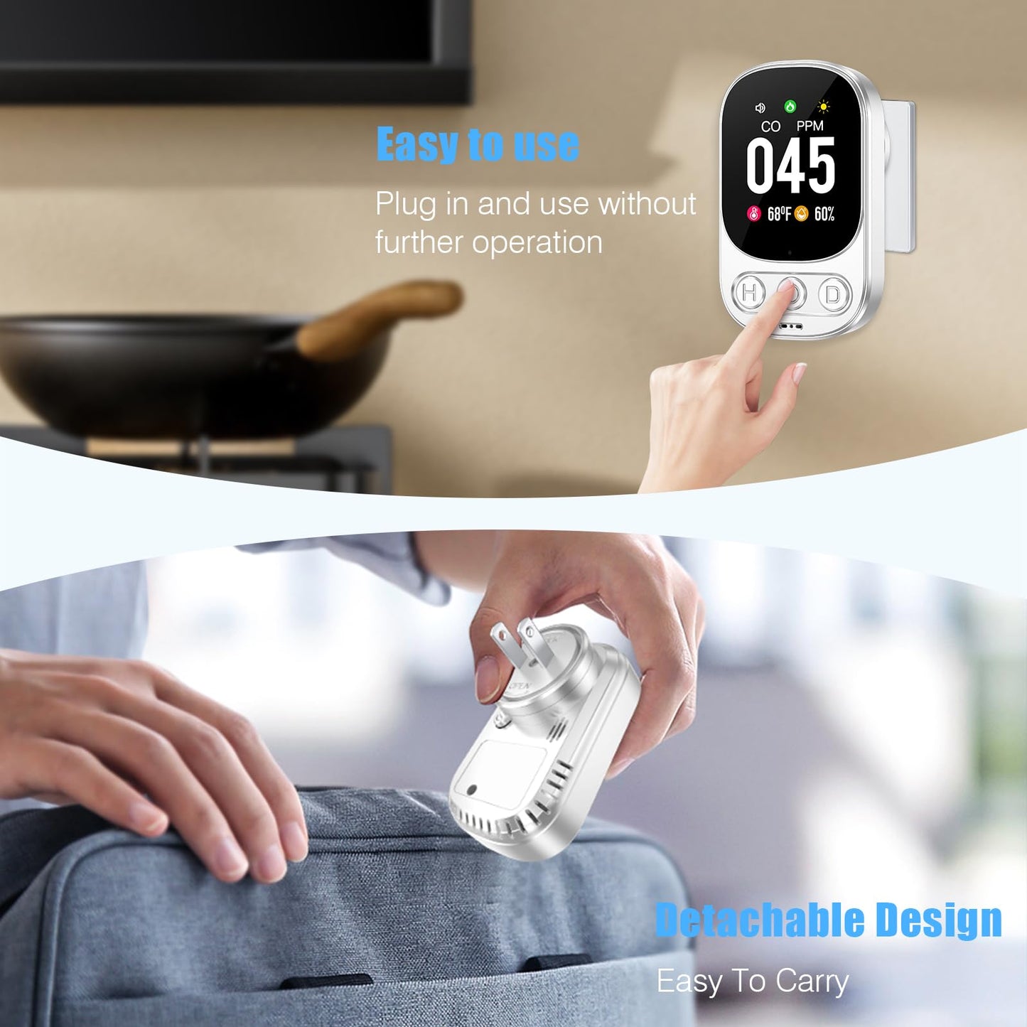 YOJOCK Carbon Monoxide Detector Plug in Wall, 3-in-1 CO Detector with Temperature & Humidity Reference Display, Compact Monitor for Home, RV & Travel