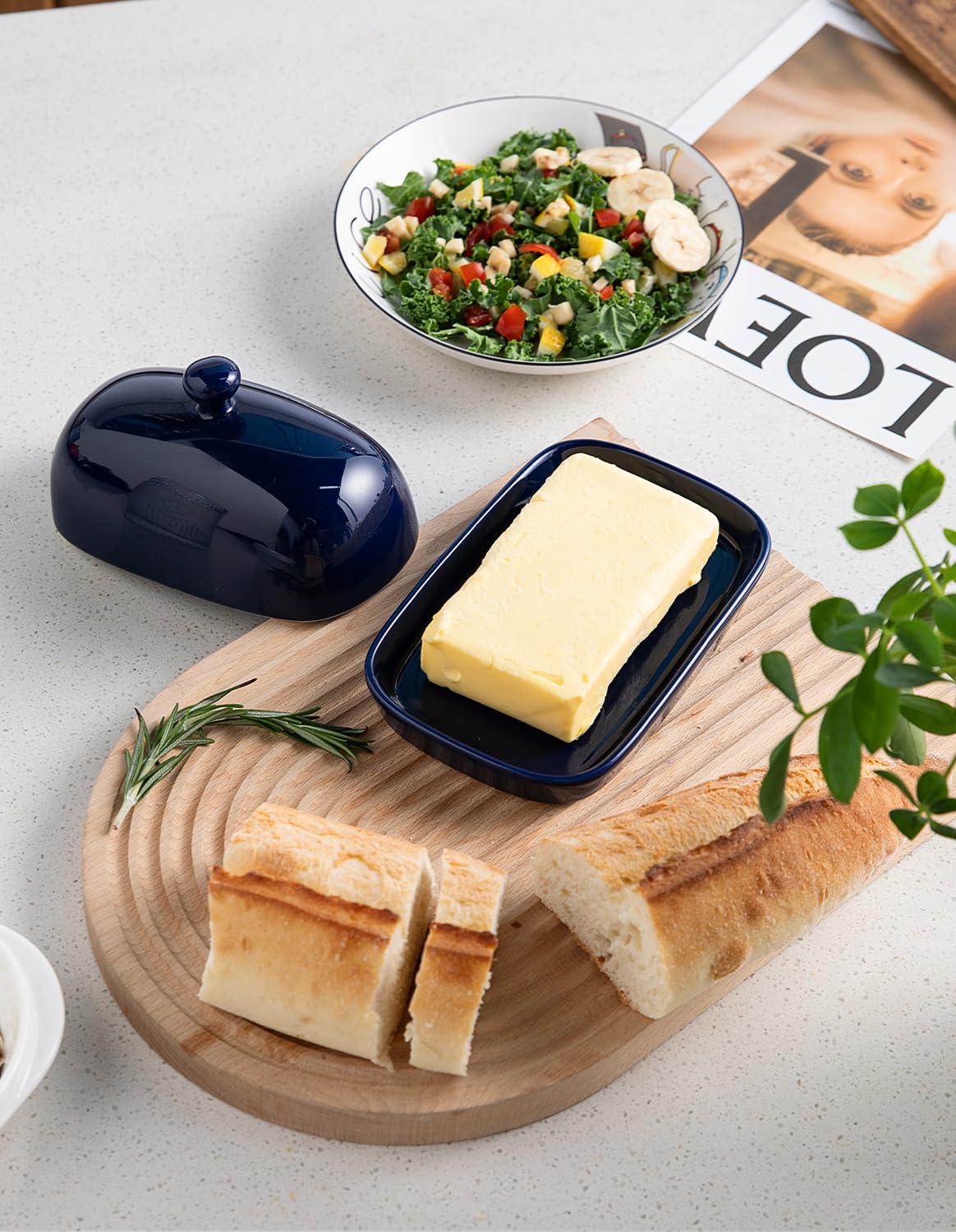 SWEEJAR Ceramics Butter Dish with Lid, Butter Keeper Container, East/West Coast Butter, 7 inches (Navy)