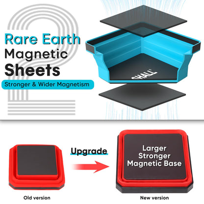 SHALL New Version Collapsible Magnetic Parts Tray Set, 4-Pack Magnetic Tool Trays for Screw Bolts Nuts Washers Pins & Small Metal Parts, 4.5” Square Silicone Foldable Bowls w/Dual-Sided Magnetic Base