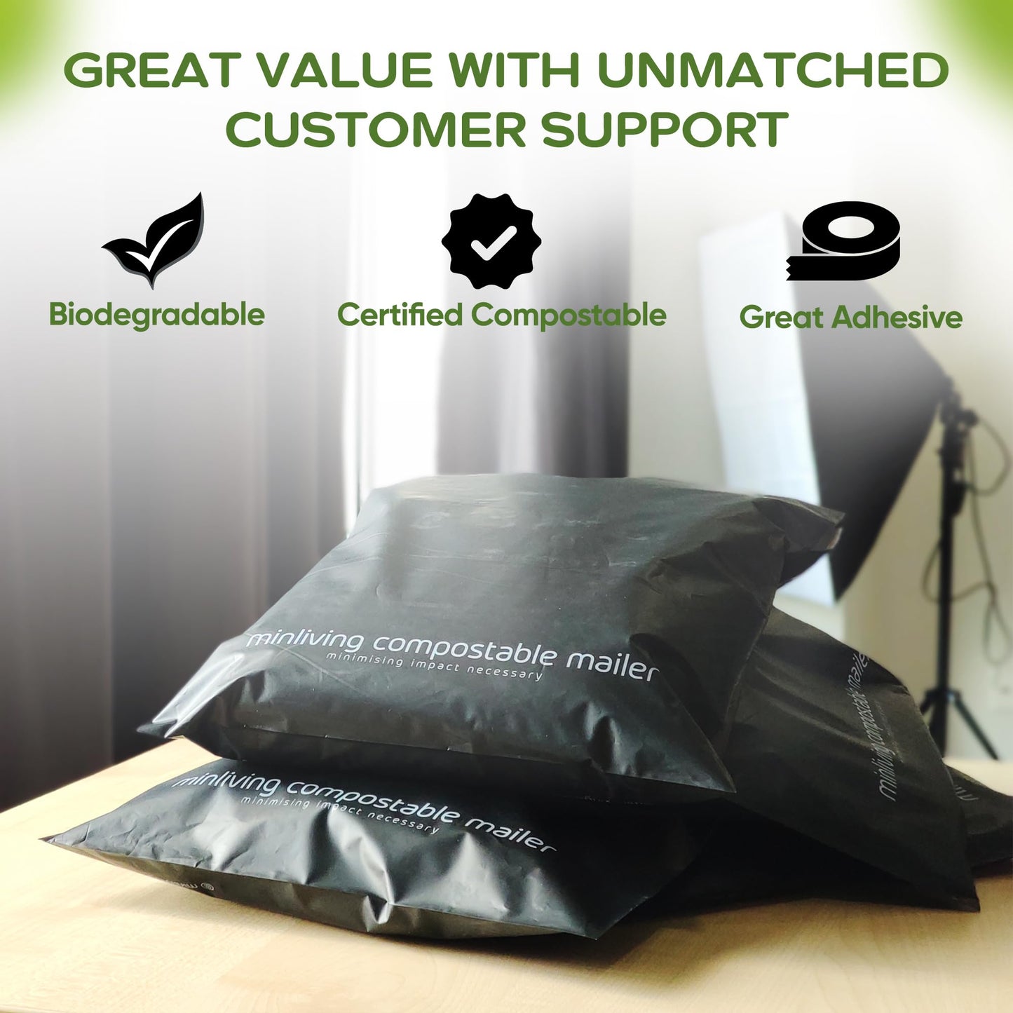 100% Compostable Biodegradable Mailers 14.9" x 19" (25 Pcs) Poly Mailers, Eco-Friendly Packaging Envelopes Pouches. Reusable double sealing, extra thick, Zero-waste mailing bags (L size, 14.9x19 inch)