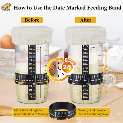 Sourdough Starter Jar 2 Pack, 24oz/650ml Sourdough Starter Kit with Date Marked Feeding Band, Thermometer, Silicone Scraper, Cloth Cover and Metal Lid for Sourdough Bread Baking Supplies