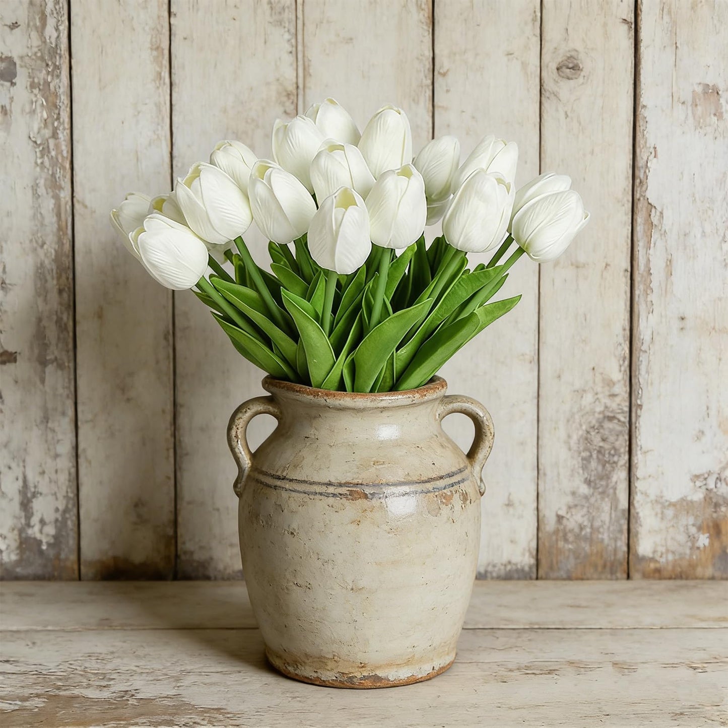 Artificial Flowers 30pcs Bouquet 14" Tall Real Touch Tulips, White PU Fake Tulips Flowers for Arrangement Wedding Party or Easter Spring Home Centerpiece Dining Room Office Table Decoration