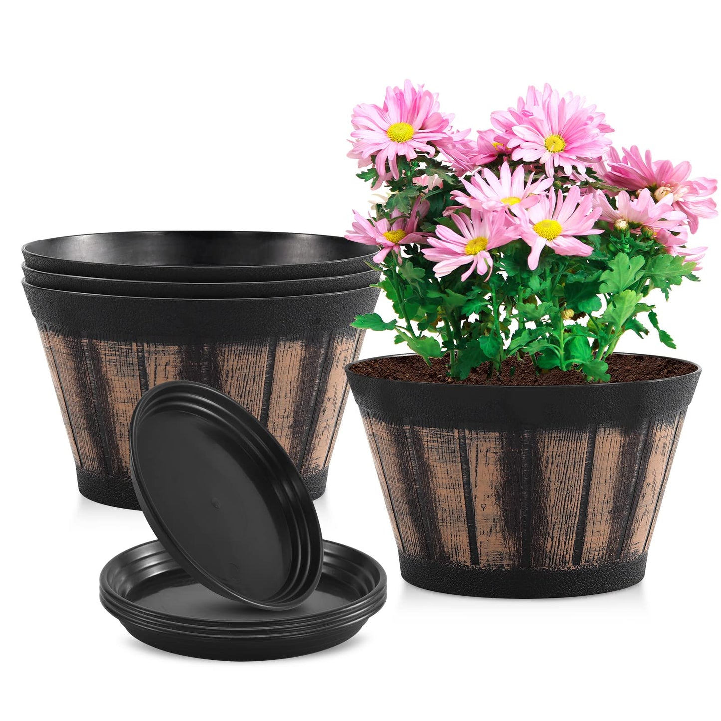 Quarut Plant Pots Set of 4 Pack 8 inch.Whiskey Barrel Planters with Drainage Holes & Saucer.Plastic Decoration Flower Pots Imitation Wine Barrel Design,Canbe for Indoor & Outdoor Garden Home Plants.