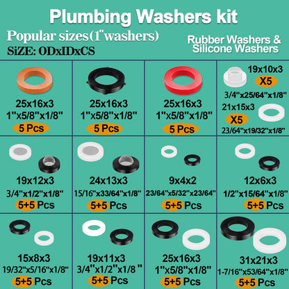 XBVV 32 Size 258 PC Faucet Washer Assortment and Plumbing Rubber Washers Kit for Assorted Garden Hose Washers Shower Head Plumbing Outdoor Faucets Stem Fitting Sealing Repair