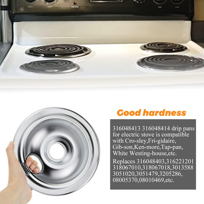 316048413 and 316048414 Chrome Stove Burner Drip Pans Replacement Compatible with Frigidaire Whirlpool Electric Range Include 2 x 6 in, 2 x 8 in