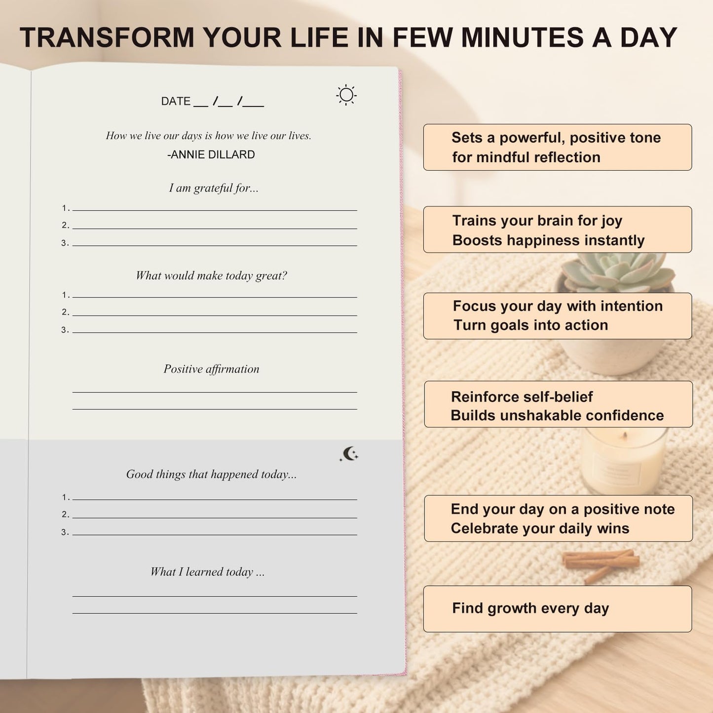 Daily Gratitude Journal, 5 Minute Journal for Women Manifestation, Reflection, Happiness, Positivity, Affirmation & Productivity, Undated Planner with Prompts, Bookmarks,100GMS Thickened Paper