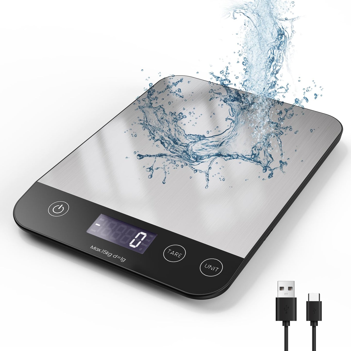 【Rechargeable & 33lb 】 Digital Kitchen Scale, USB C Electronic Kitchen Scale, 15 kg, High Precision 1 g/0.1 oz Food Scale, Professional with Hard Function, Batteries Included