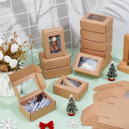BENECREAT 30 Pack 3.3x2.3x1inch Rectangle Brown Kraft Paper Boxes with Clear Window for Wedding Party Favor Treats, Bakery, Thanksgiving, Christmas Gift Packaging
