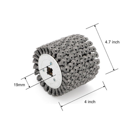Yopay Twisted Steel Wire Wheel, 4.7"x 4"Knotted Wire Brush Drum Wood and Metal Surface Polishing Conditioning Tool, Texturing Rust Wood Grain Restoration-3/4(Wire 0.5mm)