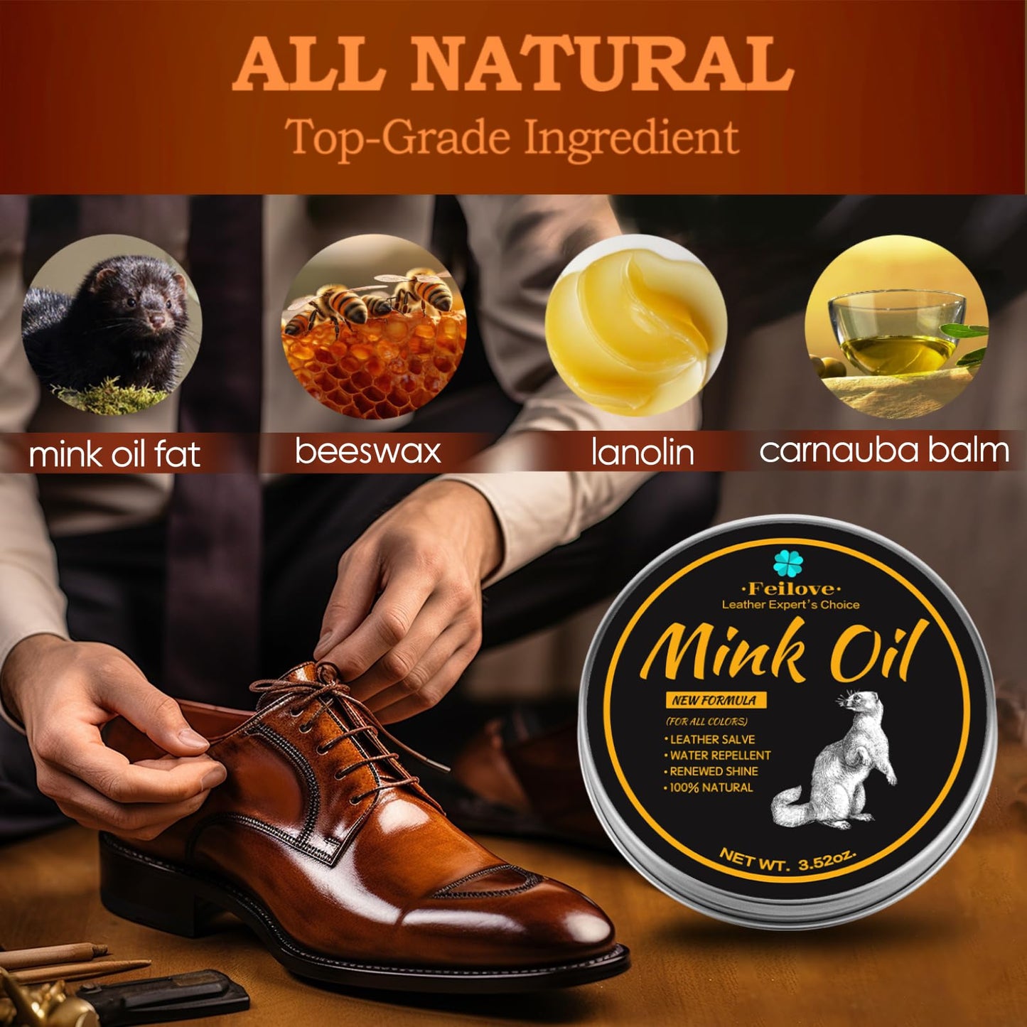 6-in-1 Mink Oil Leather Conditioner and Cleaner Kit 3.52 oz – Premium Waterproof Leather Care for Boots, Shoes & Bags