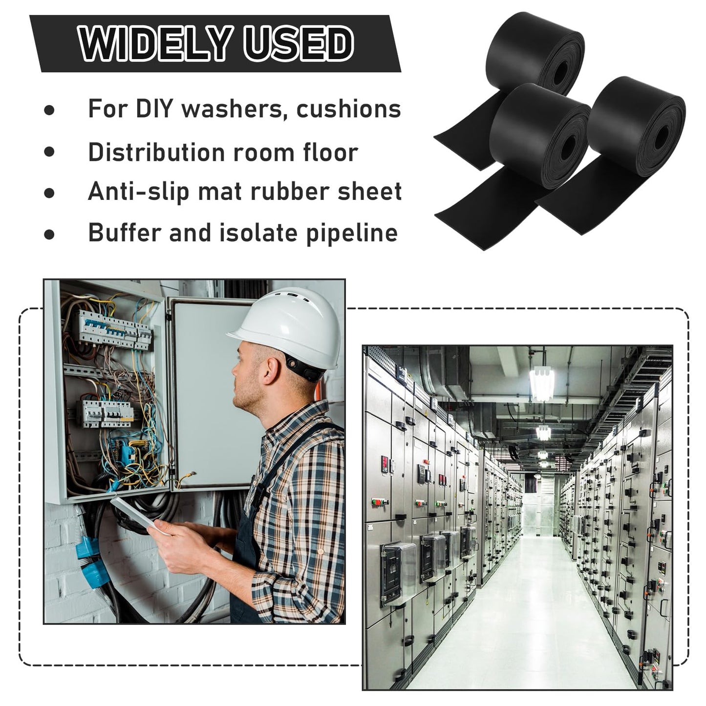 RHBLME 3 Pack Rubber Strips, 1/16" Thick x 2" Wide x 10' Long Rubber Roll, Neoprene Rubber Sheet for Anti-Vibration, Anti-Slip Pads, Seals, Crafts, Flooring, Gaskets DIY, and More