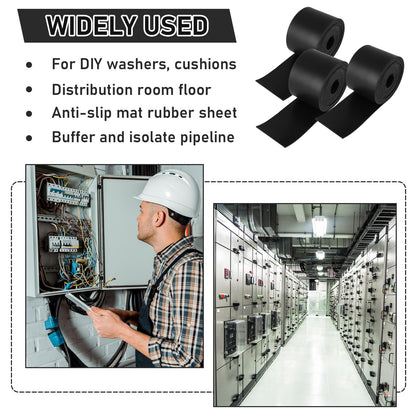 RHBLME 3 Pack Rubber Strips, 1/16" Thick x 2" Wide x 10' Long Rubber Roll, Neoprene Rubber Sheet for Anti-Vibration, Anti-Slip Pads, Seals, Crafts, Flooring, Gaskets DIY, and More