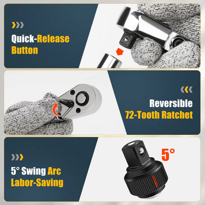 YIYEIE 3/8" Drive Flex Head Ratchet, 72 Tooth Swivel Head Ratchet, Quick-Release, CR-V Steel, Flexible Ratchet Wrench with EVA Foam | 10 Inch Long