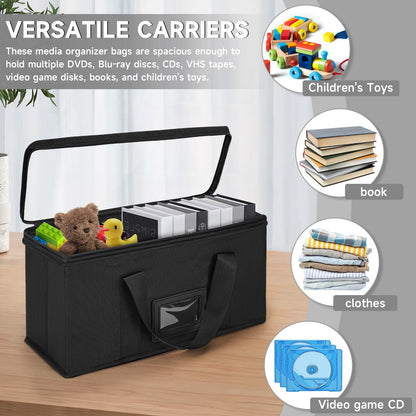 2 Pack CD Storage Boxes, TORIBIO CD Case Holder Organizer with Clear PVC Lid and Index Labels- 13.4"x 6.3"x 5.5" CDs Storage Holder Bags, Each Hold up to 31 CDs Jewel Cases or 170 Discs