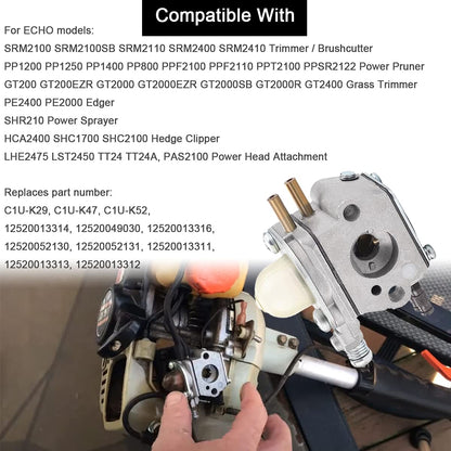 ZAMDOE Carburetor Replacement for Echo SRM2100 SRM2110 SRM2400 PE2000 PE2400 GT2000 GT2400 PPF2100 Trimmer, Replaces C1U-K52 C1U-K29 C1U-K47, with Air Filter Fuel Line Tune Up Kit