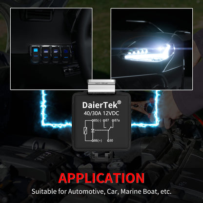 DaierTek 12V Relay with Built-in Diode & 12 AWG Harness Socket 30A/40A Heavy Duty SPDT 5 Pin Relay Switch Waterproof for Automotive Car Marine Boat -8pcs