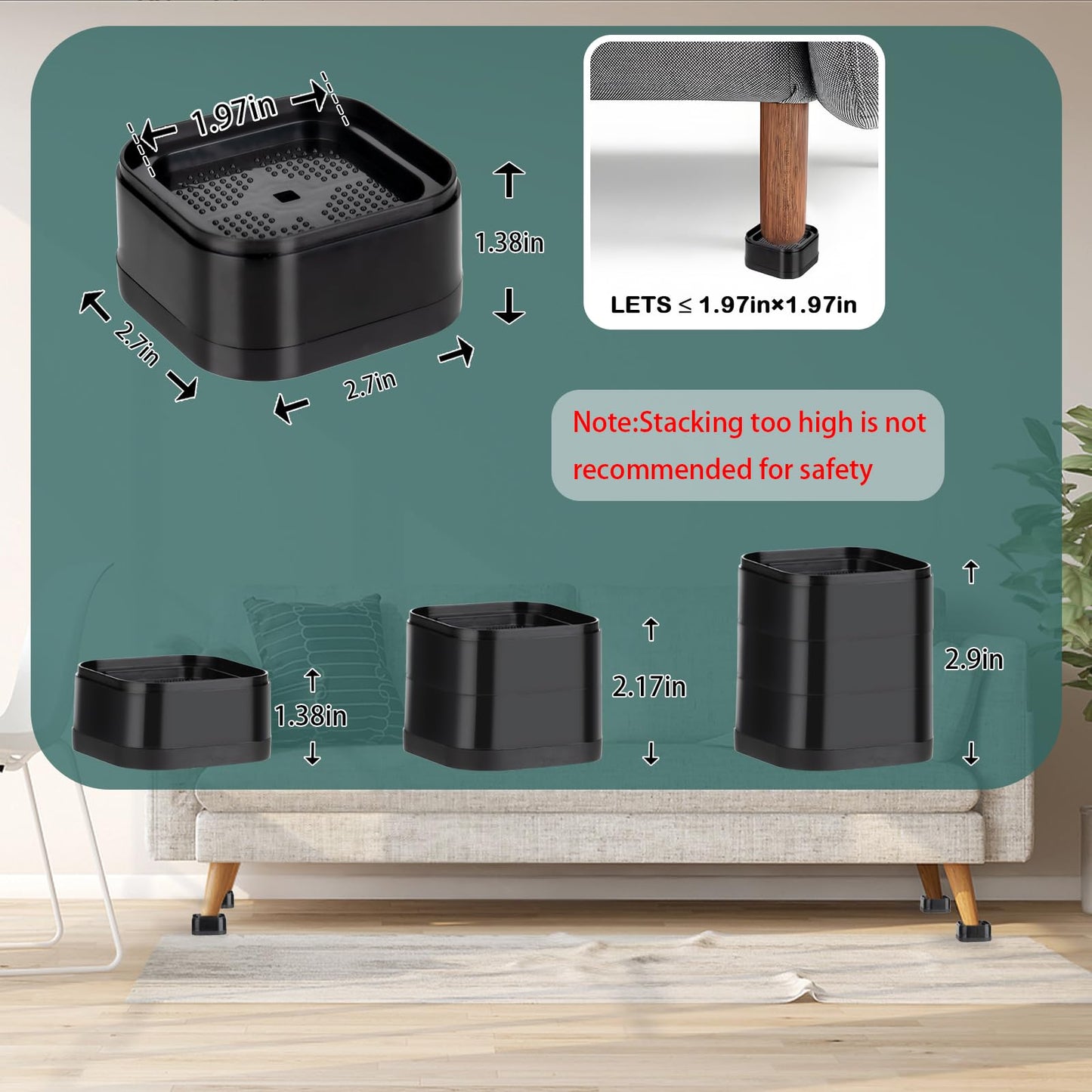 Zeylju 24 Pack Furniture Risers, Bed Risers,Heavy Duty Square Stackable, Adjustable Height 1.38/2.17/2.9 Inch for Bed,Desk,Sofa,Chair,Table Leg Lift, Washer Machine Storage Lifts Appliances(Black)
