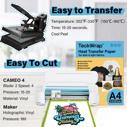 TECKWRAP Printable Heat Transfer Paper for T-Shirts 15 Sheets, 8.3" X 11.7" Printable Heat Transfer Vinyl for Inkjet Printer, Iron on Transfer Paper for Light and Dark Fabric (Matte White)