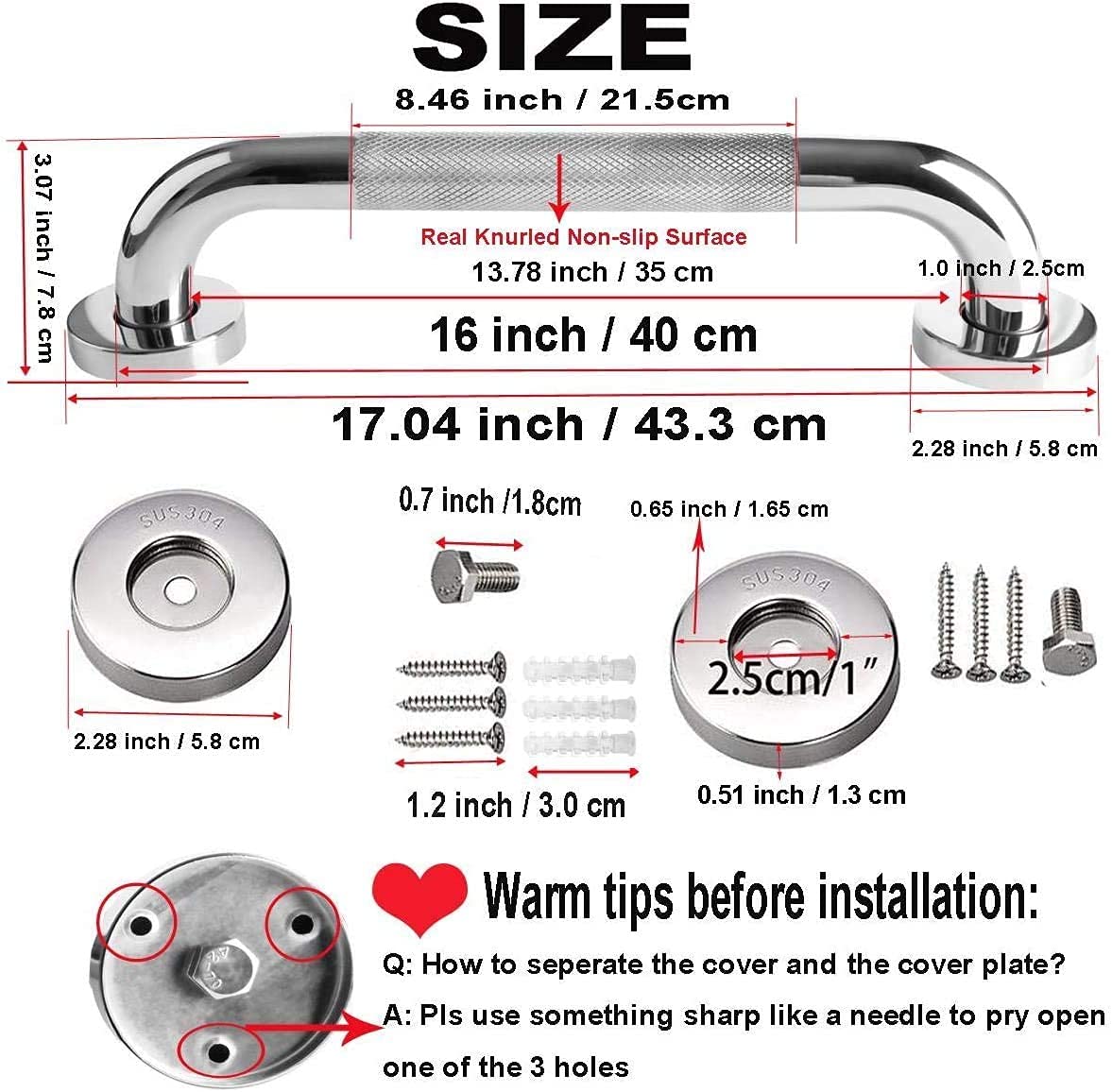 2 Pack Shower Grab Bar,Anti Slip Bathroom Grab Bars,Stainless Steel Bath Grab Bar Handle Shower Safety Hand Rail Support Assist Bath Handle,Bathroom Balance Bar for Elderly Injury Pregnant(16 Inch)