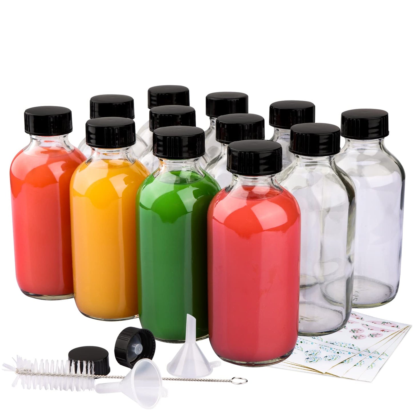 PINIWON 12 Pack 4 oz Clear Glass Bottles, 120ml Boston Round Sample Bottles with Black Poly Cone Caps, Labels, Funnels and Brush