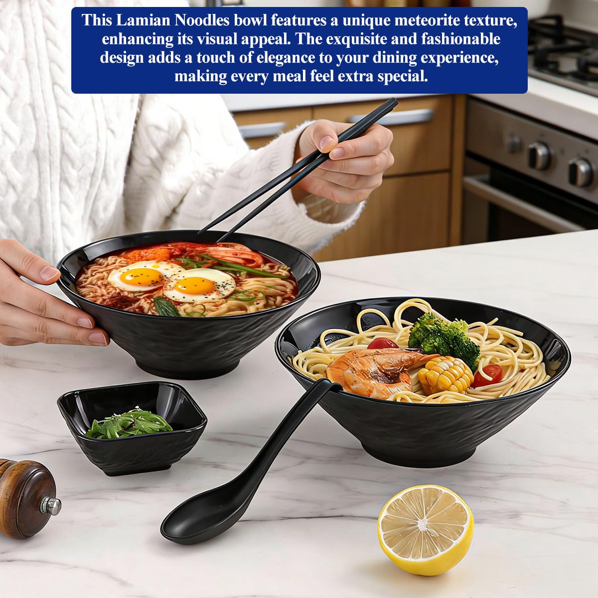 Berglander Ramen Bowl Set 1200mL of 2 with Dipping Bowls Chopsticks Spoons, Unbreakable Japanese Style Plastic Noodle Soup Bowls for Asian Pho Soup Thai Miso Udon Wonton