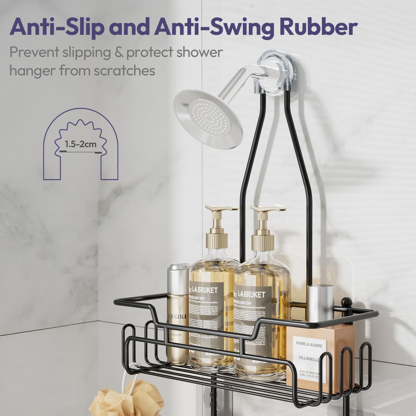 SWTYMIKI Shower Caddy Hanging - Extended Length 3 Tier Rustproof Shower Organizer Hanging, No Drilling Shower Shelves with 16 Hooks & Soap Holder, Anti-Swing Rack, Black