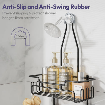 SWTYMIKI Shower Caddy Hanging - Extended Length 3 Tier Rustproof Shower Organizer Hanging, No Drilling Shower Shelves with 16 Hooks & Soap Holder, Anti-Swing Rack, Black