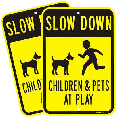 Goodvia Slow Down Children Playing Sign Metal Reflective 12 x 17 IN, Children at Play Safety Signs Kids Playing Road Large Slow Children and Pets at Play Sign for Street, Rust Free Aluminum