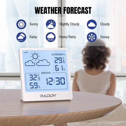 Raddy WF-50T Indoor Outdoor Thermometer Hygrometer Wireless Weather Station, Battery Powered Temperature & Humidity Monitor with 5.0’’ TN Display, Weather Forecast, Wireless Remote Sensor (White)