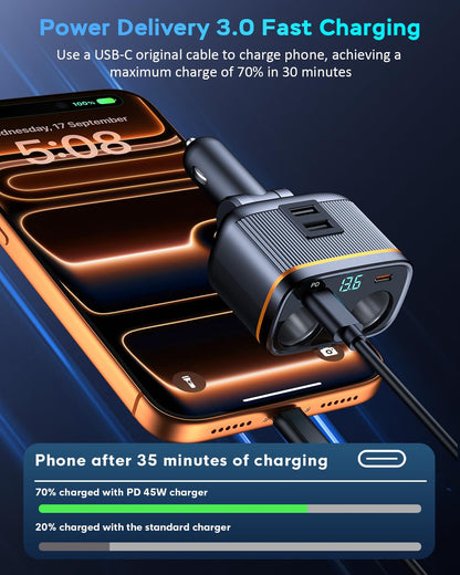 6 in 1 Cigarette Lighter Adapter with PD45W Charging, AKAARI 145W Car Charger Adapter, 24V/ 12V Cigarette Lighter Splitter with 1 USB-C, 2 USB-A Charger and Super Fast PD45W Charging, Voltage Display