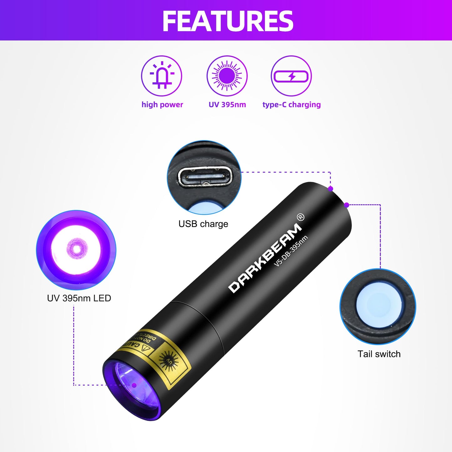 DARKBEAM Flashlight UV Black Light 395 NM, Mini but Powerful USB- C LED Rechargeable Woods Lamp, Ultraviolet Flashlights for Pet Urine, Stains Detection, Resin Curing, Fluorescent Agent, 2 Pack