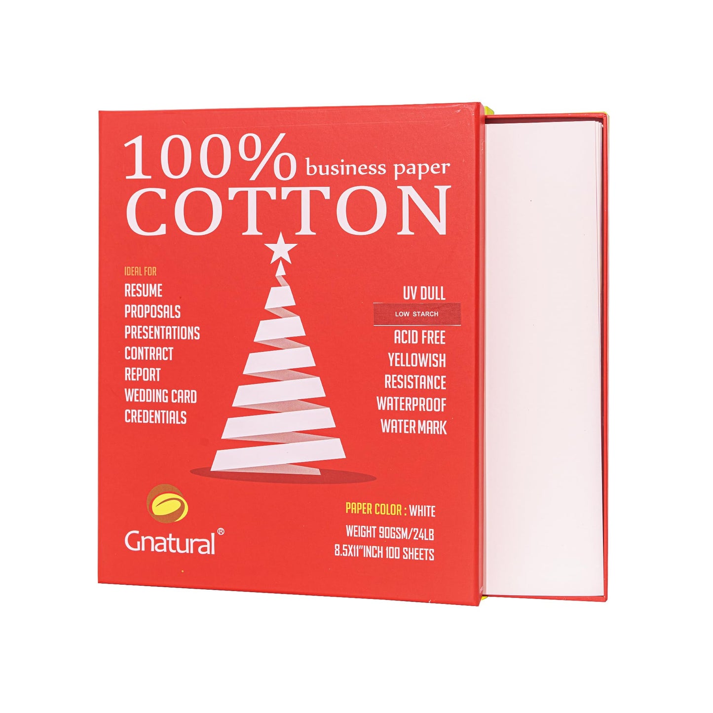 100% Cotton Business Paper, 8.5 x 11 inch 24lb Inkjet Laser Printing Paper, White Color Waterproof Watermark Paper- 100 Sheets Low Starch