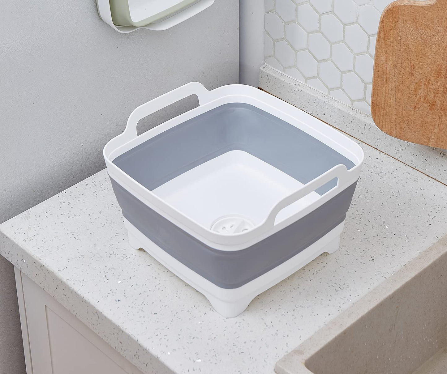 AAKitchen Collapsible Dish Basin with Drain Plug Carry Handles for 9L Capacity Collapsible Sink Tub Dish Wash Basin Portable Dish Tub Foldable Dishpan for RV Trailers Camping Dish Washing Tub (Gray)