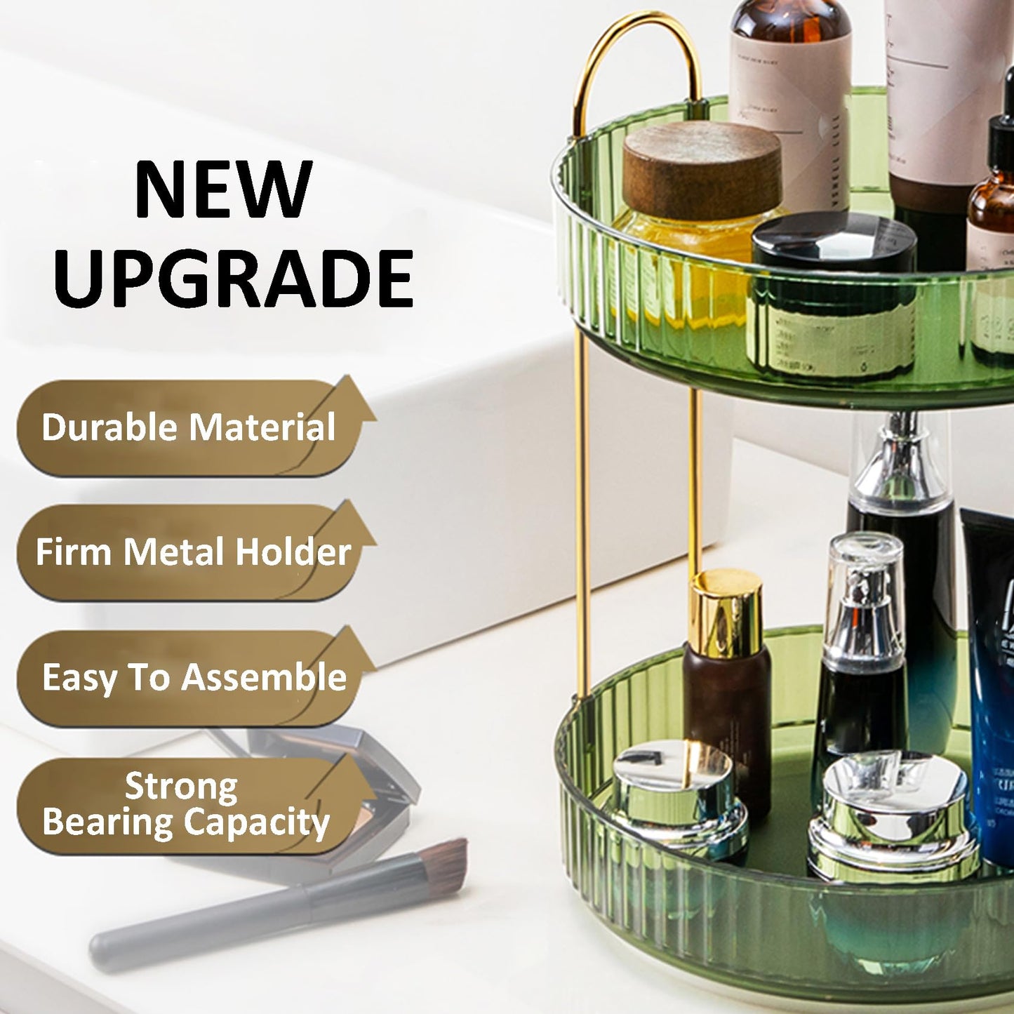 Rotating Makeup Organizer, 2 Tier Large Capacity Perfume Organizer, Cosmetic Organizer for Vanity Bathroom Bedroom, Green